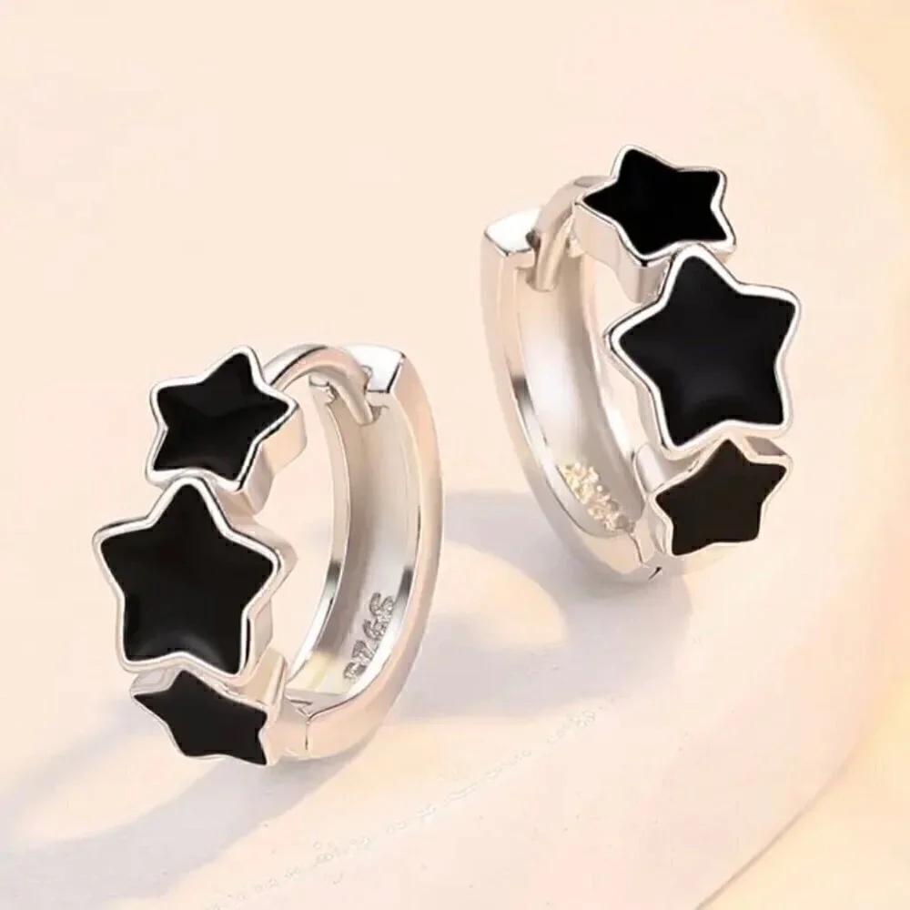 NWT Stars Hoop Huggie Earrings S925 Sterling Silver Triple Black Minimalist